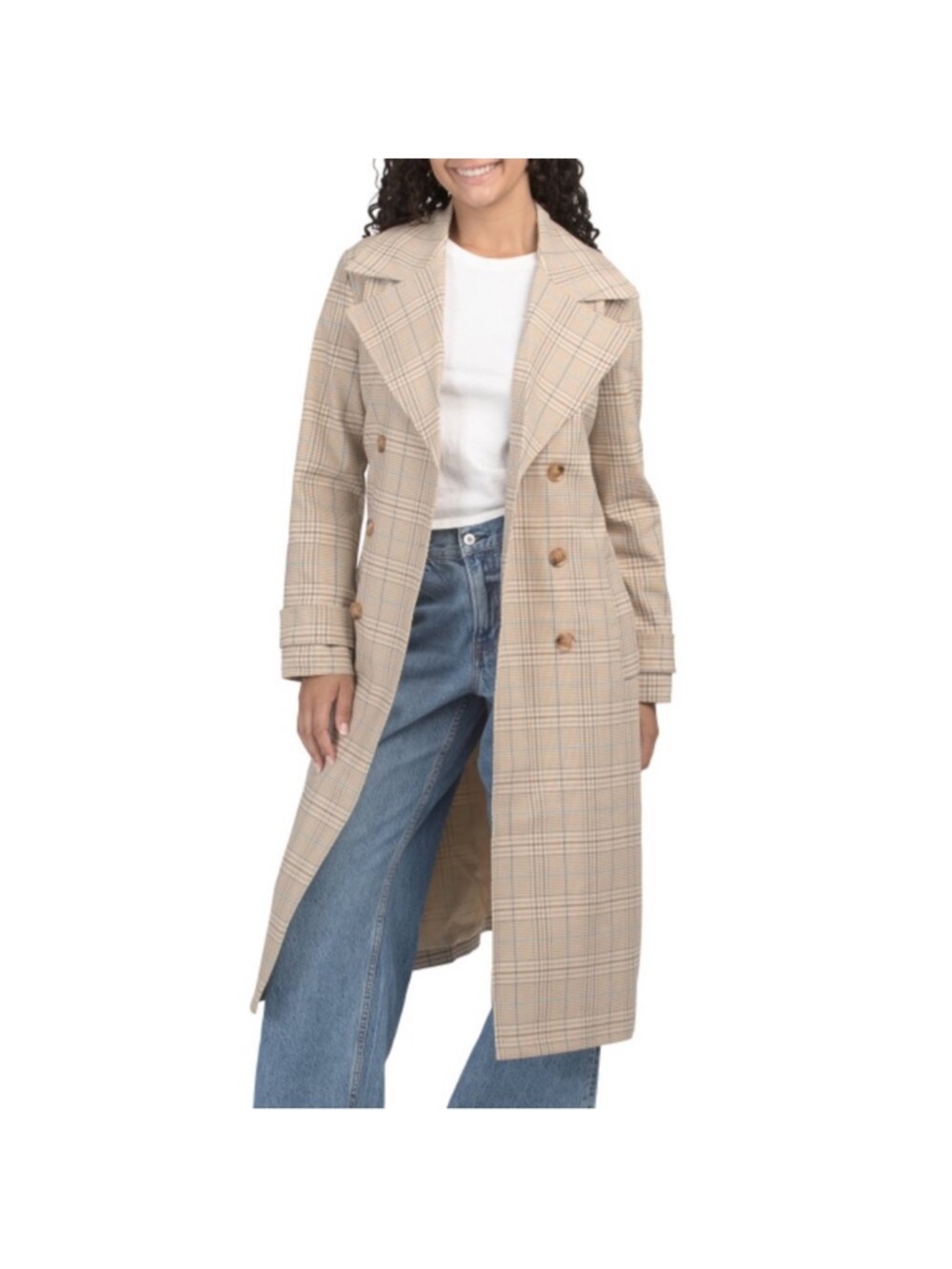 Bagatelle Collection New York Beige and Blue Plaid Double-Breasted Trench Coat - Picture 3 of 13